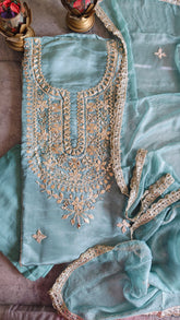 Opulent Elegance Shimmer Tissue Unstitched Suit with Gotta Detailing